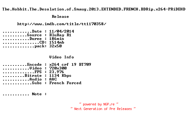 NFO for the release The.Hobbit.The.Desolation.of.Smaug.2013.EXTENDED.FRENCH.BDRip.x264-PRiDEHD by PRiDEHD