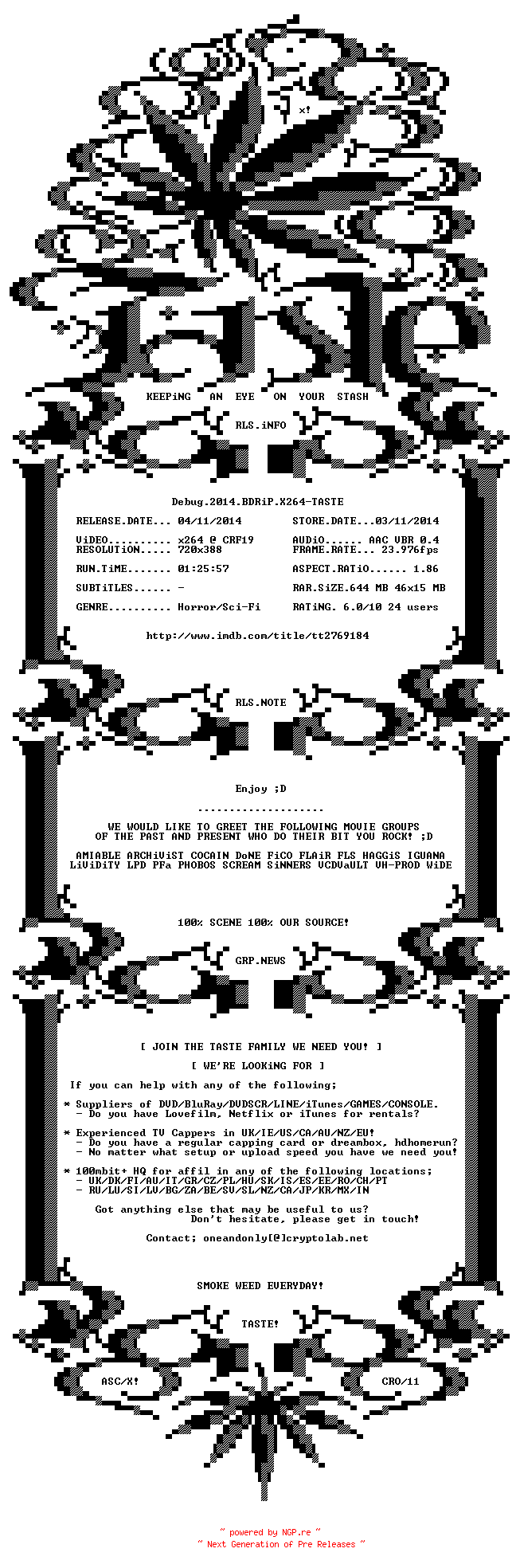 NFO for the release Debug.2014.BDRiP.X264-TASTE by TASTE