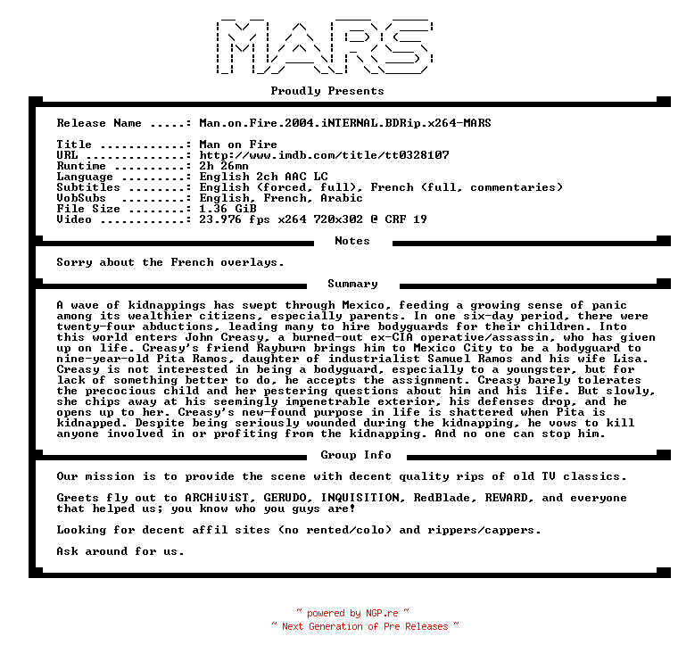 NFO for the release Man.on.Fire.2004.iNTERNAL.BDRip.x264-MARS by MARS
