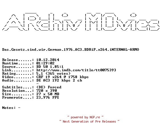 NFO for the release Das.Gesetz.sind.wir.German.1976.AC3.BDRiP.x264.iNTERNAL-ARMO by ARMO