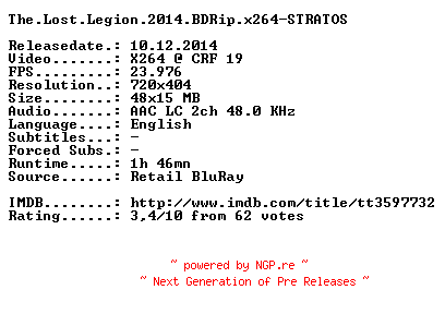 NFO for the release The.Lost.Legion.2014.BDRip.x264-STRATOS by STRATOS