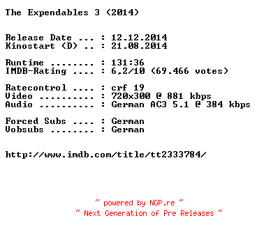 NFO for the release The.Expendables.3.EXTENDED.German.2014.BDRiP.x264-EXQUiSiTE by EXQUiSiTE