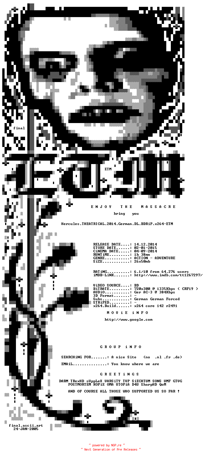 NFO for the release Hercules.THEATRICAL.German.2014.AC3.BDRiP.x264-ETM by ETM