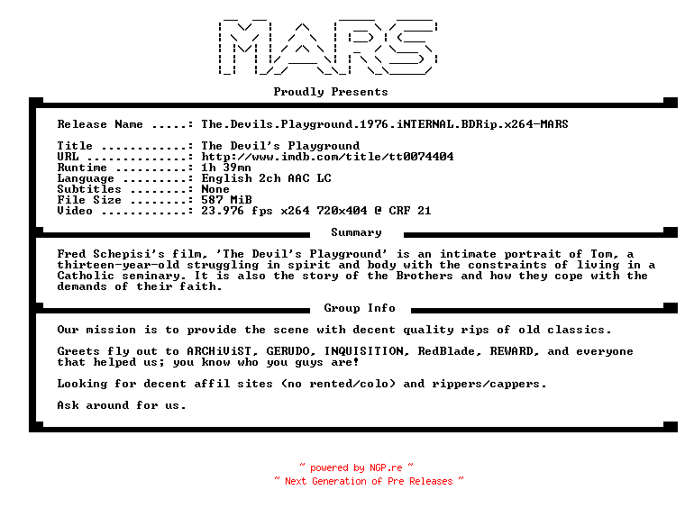 NFO for the release The.Devils.Playground.1976.iNTERNAL.BDRip.x264-MARS by MARS