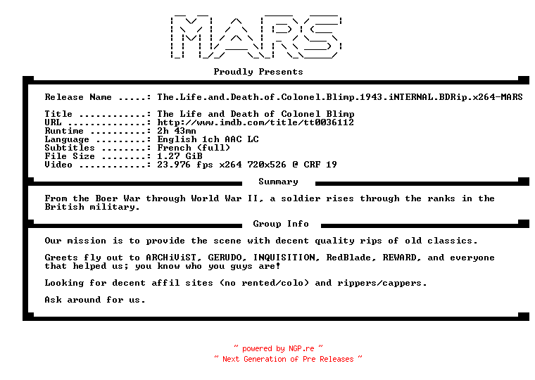 NFO for the release The.Life.and.Death.of.Colonel.Blimp.1943.iNTERNAL.BDRip.x264-MARS by MARS