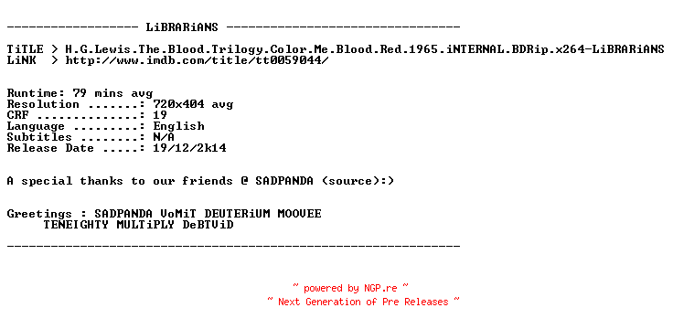 NFO for the release H.G.Lewis.The.Blood.Trilogy.Color.Me.Blood.Red.1965.iNTERNAL.BDRip.x264-LiBRARiANS by LiBRARiANS
