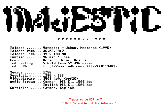 NFO for the release Vernetzt.Johnny.Mnemonic.1995.German.DL.720p.BluRay.x264-MAJESTiC by MAJESTiC