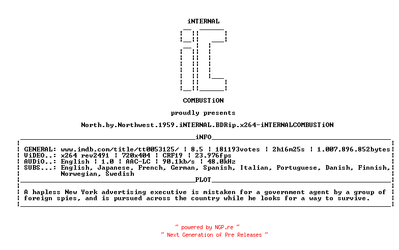 NFO for the release North.by.Northwest.1959.iNTERNAL.BDRip.x264-iNTERNALCOMBUSTiON by iNTERNALCOMBUSTiON