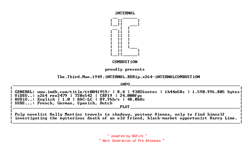 NFO for the release The.Third.Man.1949.iNTERNAL.BDRip.x264-iNTERNALCOMBUSTiON by iNTERNALCOMBUSTiON