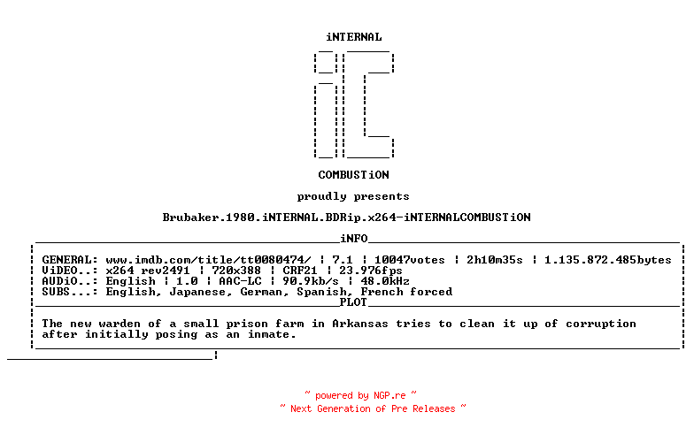 NFO for the release Brubaker.1980.iNTERNAL.BDRip.x264-iNTERNALCOMBUSTiON by iNTERNALCOMBUSTiON