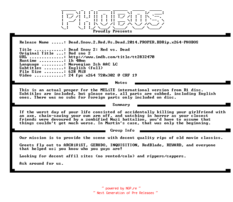 NFO for the release Dead.Snow.2.Red.Vs.Dead.2014.PROPER.BDRip.x264-PHOBOS by PHOBOS