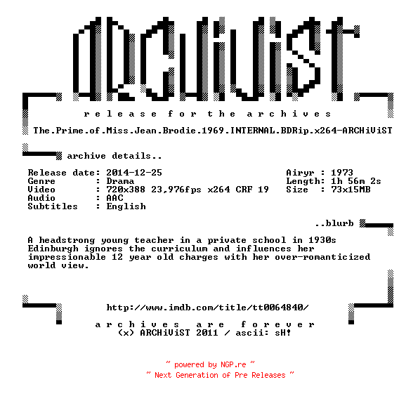 NFO for the release The.Prime.of.Miss.Jean.Brodie.1969.INTERNAL.BDRip.x264-ARCHiViST by ARCHiViST