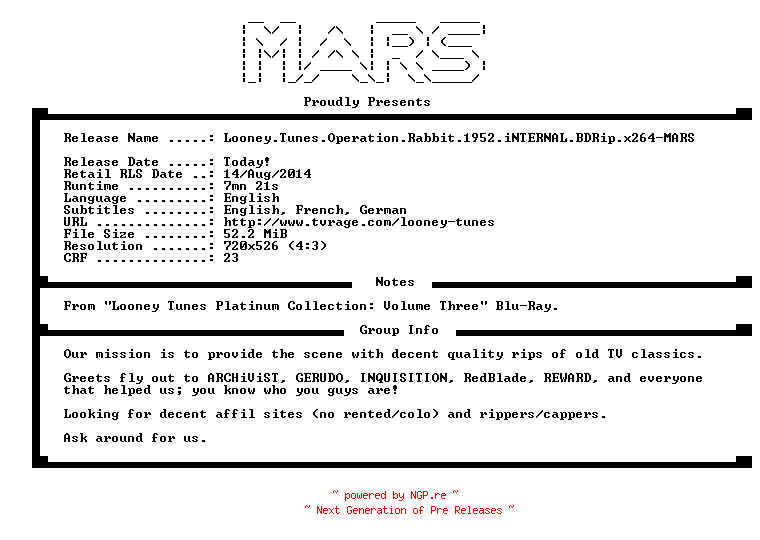 NFO for the release Looney.Tunes.Operation.Rabbit.1952.iNTERNAL.BDRip.x264-MARS by MARS