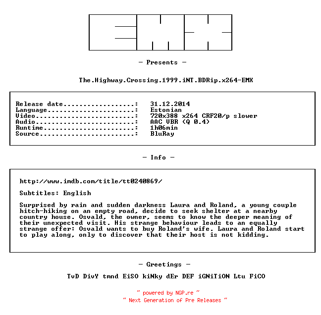 NFO for the release The.Highway.Crossing.1999.iNT.BDRip.x264-EMX by EMX