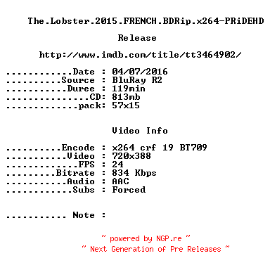 NFO for the release The.Lobster.2015.FRENCH.BDRip.x264-PRiDEHD by PRiDEHD