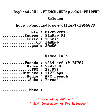 NFO for the release Boyhood.2014.FRENCH.BDRip.x264-PRiDEHD by PRiDEHD