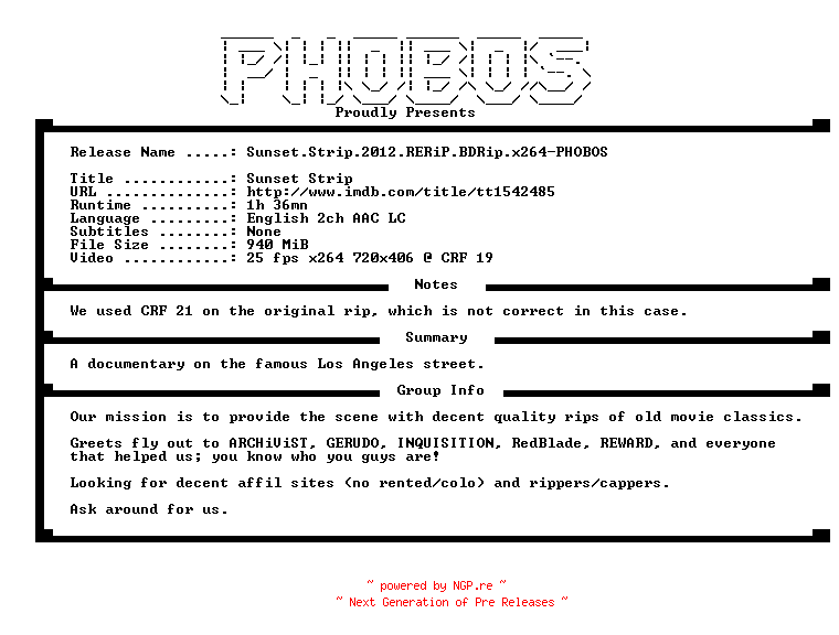 NFO for the release Sunset.Strip.2012.RERiP.BDRip.x264-PHOBOS by PHOBOS