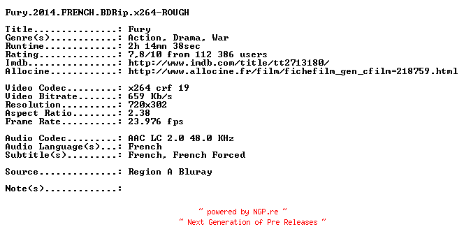 NFO for the release Fury.2014.FRENCH.BDRip.x264-ROUGH by ROUGH