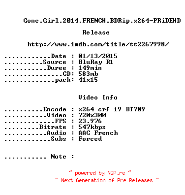 NFO for the release Gone.Girl.2014.FRENCH.BDRip.x264-PRiDEHD by PRiDEHD