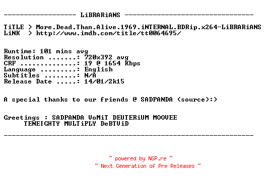NFO for the release More.Dead.Than.Alive.1969.iNTERNAL.BDRip.x264-LiBRARiANS by LiBRARiANS