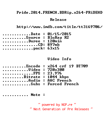 NFO for the release Pride.2014.FRENCH.BDRip.x264-PRiDEHD by PRiDEHD