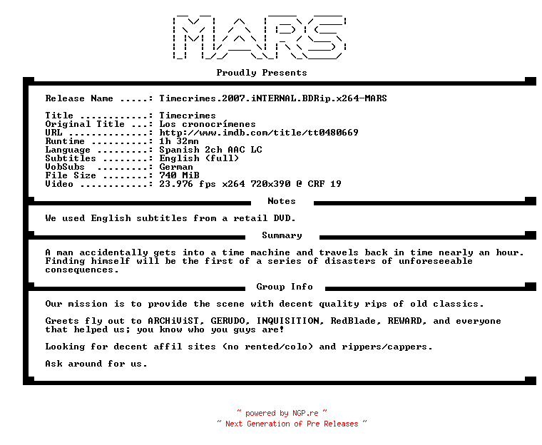 NFO for the release Timecrimes.2007.iNTERNAL.BDRip.x264-MARS by MARS