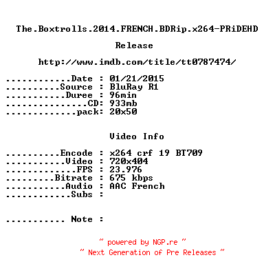 NFO for the release The.Boxtrolls.2014.FRENCH.BDRip.x264-PRiDEHD by PRiDEHD