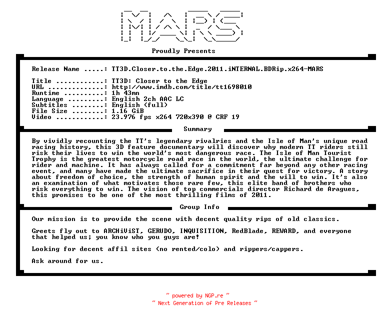 NFO for the release TT3D.Closer.to.the.Edge.2011.iNTERNAL.BDRip.x264-MARS by MARS