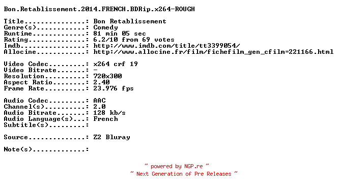NFO for the release Bon.Retablissement.2014.FRENCH.BDRip.x264-ROUGH by ROUGH
