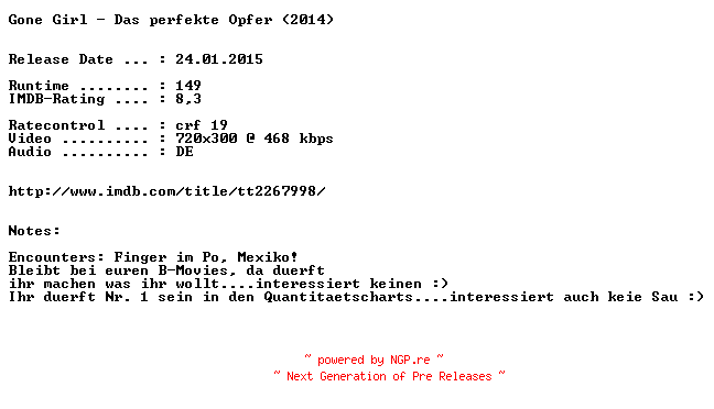 NFO for the release Gone.Girl.Das.Perfekte.Opfer.German.BDRiP.x264.READNFO-EXQUiSiTE by EXQUiSiTE