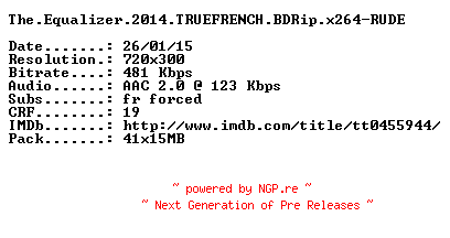 NFO for the release The.Equalizer.2014.TRUEFRENCH.BDRip.x264-RUDE by RUDE