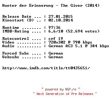 NFO for the release Hueter.der.Erinnerung.The.Giver.German.BDRiP.x264-EXQUiSiTE by EXQUiSiTE