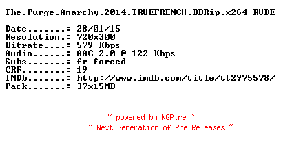 NFO for the release The.Purge.Anarchy.2014.TRUEFRENCH.BDRip.x264-RUDE by RUDE