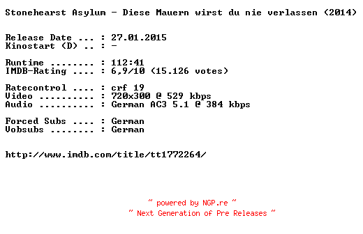 NFO for the release Stonehearst.Asylum.Diese.Mauern.wirst.du.nie.verlassen.German.2014.BDRiP.x264-EXQUiSiTE by EXQUiSiTE