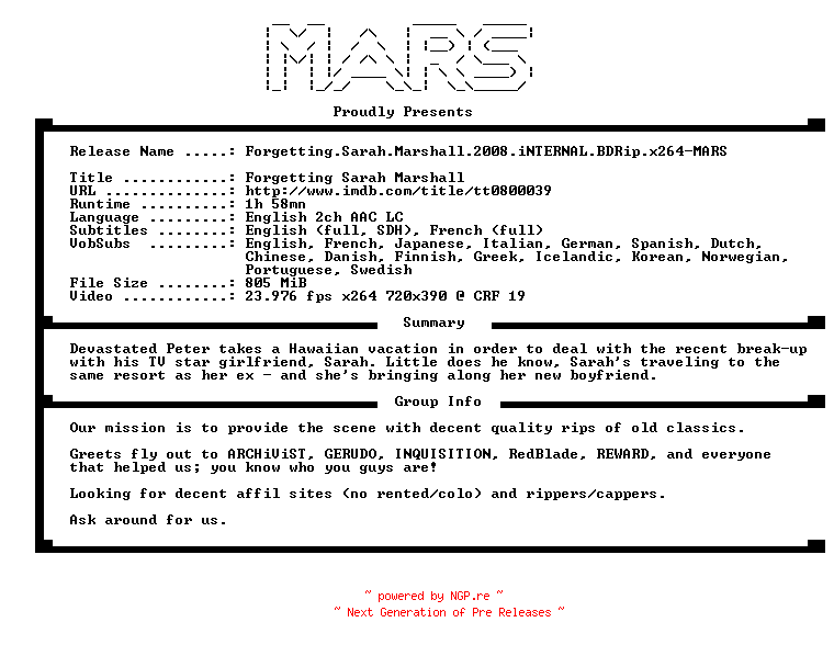 NFO for the release Forgetting.Sarah.Marshall.2008.iNTERNAL.BDRip.x264-MARS by MARS