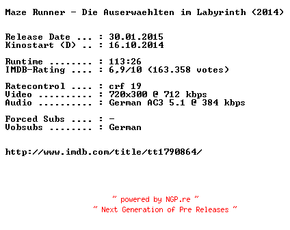 NFO for the release Maze.Runner.Die.Auserwaehlten.im.Labyrinth.German.BDRiP.x264-EXQUiSiTE by EXQUiSiTE