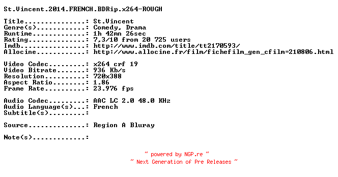 NFO for the release St.Vincent.2014.FRENCH.BDRip.x264-ROUGH by ROUGH