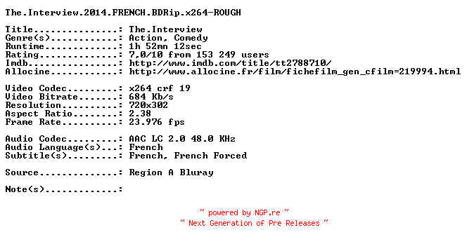 NFO for the release The.Interview.2014.FRENCH.BDRip.x264-ROUGH by ROUGH