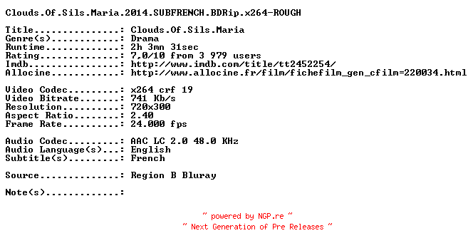 NFO for the release Clouds.Of.Sils.Maria.2014.SUBFRENCH.BDRip.x264-ROUGH by ROUGH