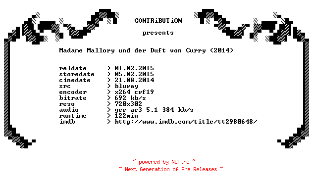 NFO for the release Madame.Mallory.und.der.Duft.von.Curry.2014.German.BDRip.x264-CONTRiBUTiON by CONTRiBUTiON