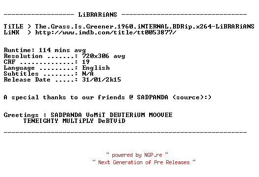 NFO for the release The.Grass.Is.Greener.1960.iNTERNAL.BDRip.x264-LiBRARiANS by LiBRARiANS