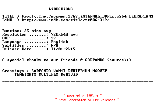 NFO for the release Frosty.The.Snowman.1969.iNTERNAL.BDRip.x264-LiBRARiANS by LiBRARiANS