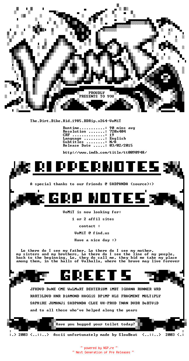NFO for the release The.Dirt.Bike.Kid.1985.BDRip.x264-VoMiT by VoMiT