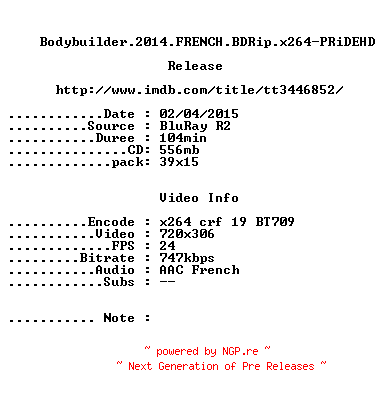 NFO for the release Bodybuilder.2014.FRENCH.BDRip.x264-PRiDEHD by PRiDEHD