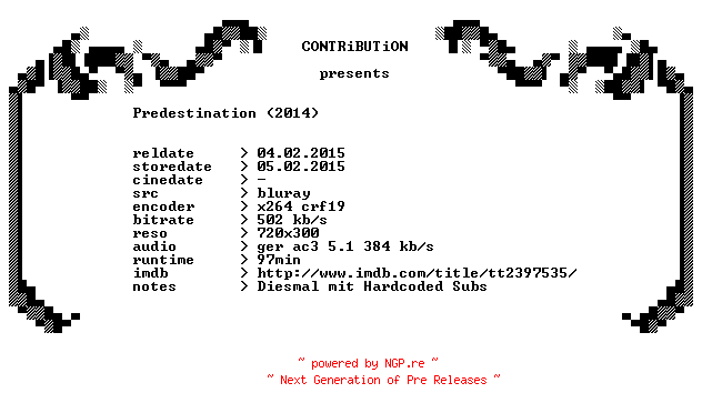 NFO for the release Predestination.2014.German.BDRip.x264.REPACK-CONTRiBUTiON by CONTRiBUTiON