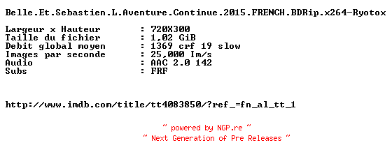NFO for the release Belle.Et.Sebastien.L.Aventure.Continue.2015.FRENCH.BDRip.x264-Ryotox by Ryotox