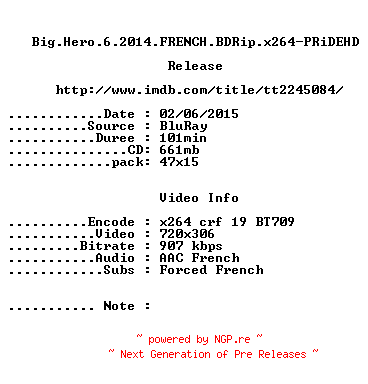 NFO for the release Big.Hero.6.2014.FRENCH.BDRip.x264-PRiDEHD by PRiDEHD
