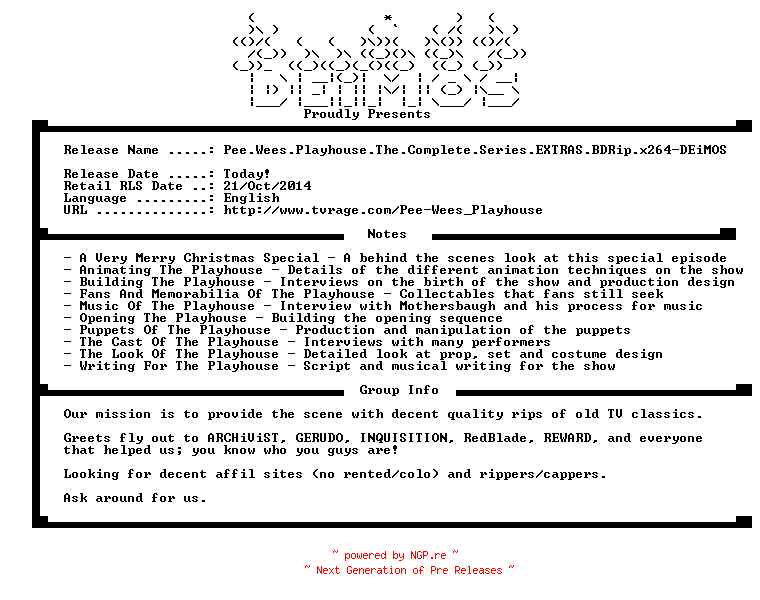 NFO for the release Pee.Wees.Playhouse.The.Complete.Series.EXTRAS.BDRip.x264-DEiMOS by DEiMOS