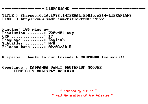 NFO for the release Sharpes.Gold.1995.iNTERNAL.BDRip.x264-LiBRARiANS by LiBRARiANS