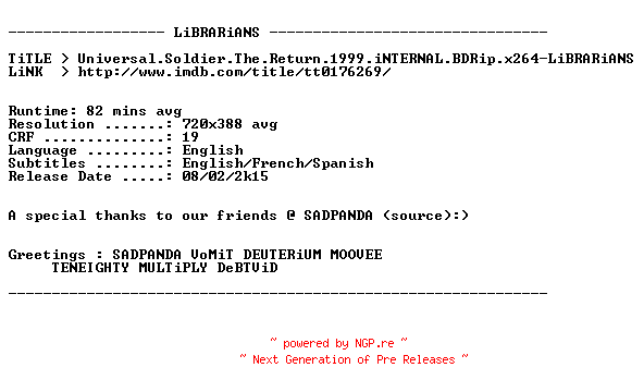 NFO for the release Universal.Soldier.The.Return.1999.iNTERNAL.BDRip.x264-LiBRARiANS by LiBRARiANS